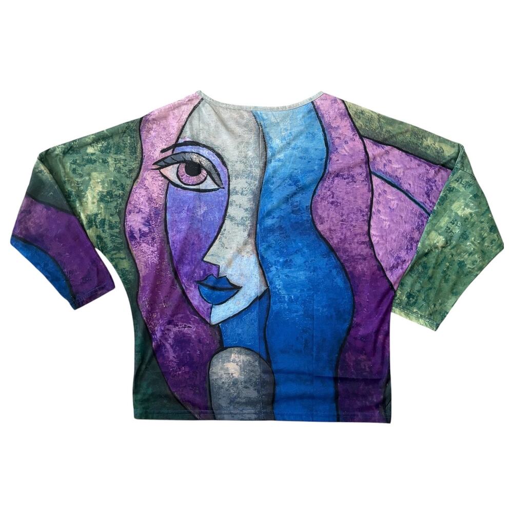 Abstract Picasso Face Art Print Dolman Sleeve Top Blue Purple Green L Boho - Picture 6 of 6